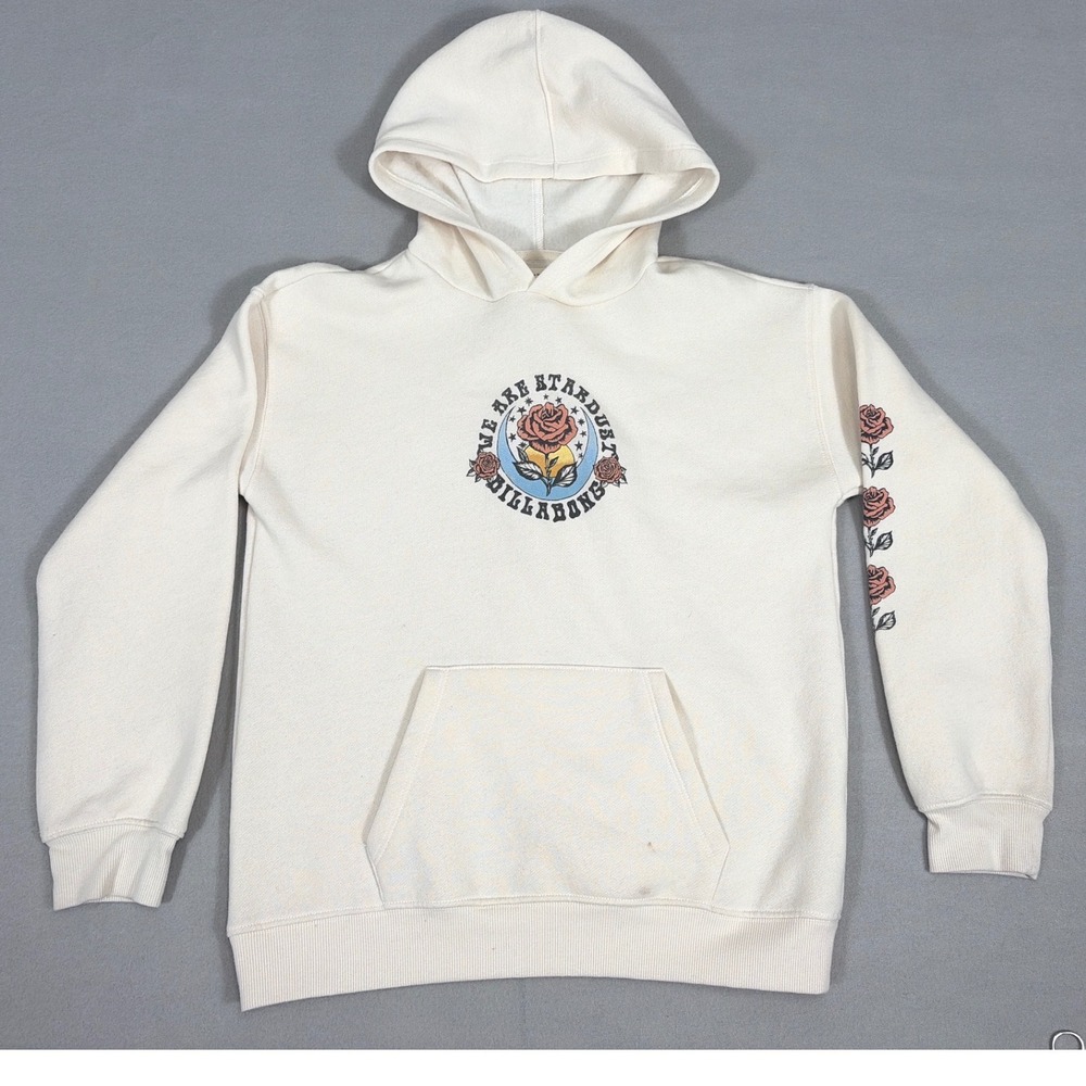 Y2K VTG Billabong Mens We Are Stardust Rose Graphic Hoodie Cream Fleece Large